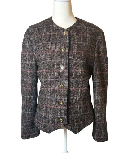 Vintage Womens Tweed Wool Blazer Size 12 Plaid Office Professional Career Work Brown