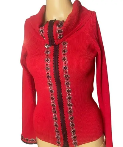 Camille La Vie Red Ribbed Knit Beaded Zip-Up Cardigan Sweater, Size M