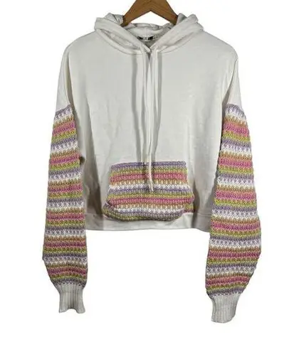 Fate Sweater Women Size S Cream Rainbow Crochet Hood Pocket Crop Sweatshirt Boho