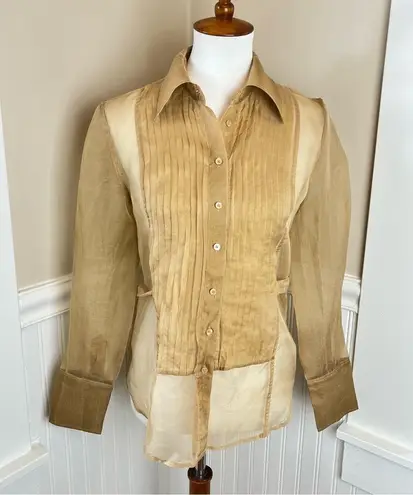 Ideology Vintage 100% Silk Gold Sheer Pintuck Button-Down Blouse - Small - Flaw