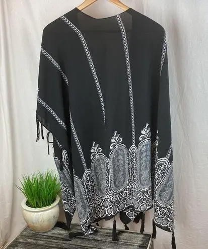 Black & White Open Front Print Fringe Swim Bathing Suit Cover Up OS Size undefined