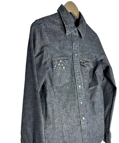 William Rast Women's | | Dark Blue Denim Long Sleeve Studded Pockets Snap Top