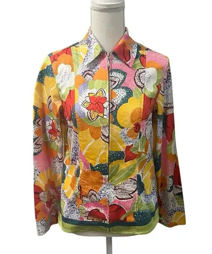 Coldwater Creek Retro Multicolored Floral Full Zip Collared Shirt Crop Jacket