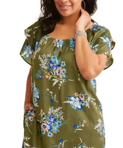 Terra & Sky On or off shoulder army green floral print tunic top size 3X