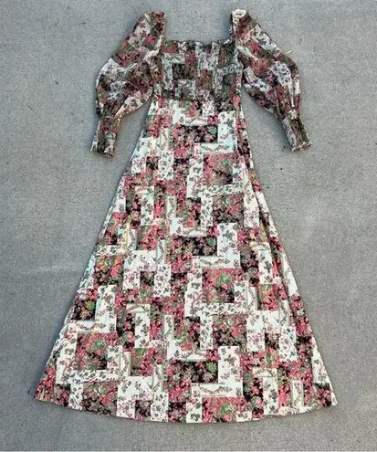 VTG 70s green pink patchwork floral garden party sheer puff sleeve prairie dress Size XS