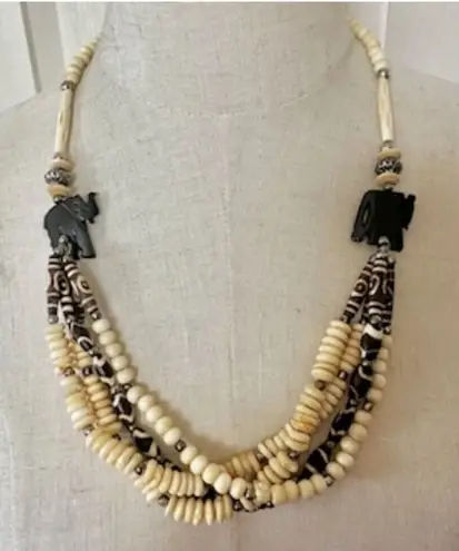wood and bone elephant multi strand necklace Brown