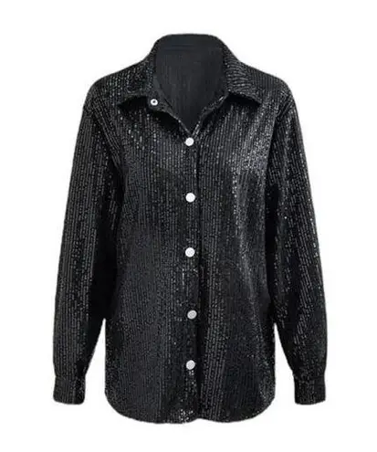 Micas  Women's Small Black Long Sleeve Collar Sequin Button Up Party Shirt