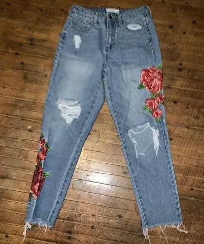 Cello  embroidered roses distressed size 1 high waist mom jeans