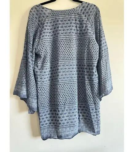 Lavender Brown Blue Eyelet Tunic Dress Large Boho Festival Kimono Sleeve USA