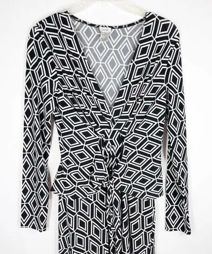 Cache  Small Dress Black White Diamond Print Knee Length Belted Long Sleeve 207