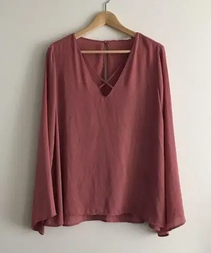 Lush Clothing Lush Cross‎ Front Blouse Top V Neck Flare Long Sleeves Maeve Womens Size L