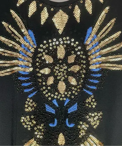 Arden B Mini Dress XS Black Tank Top Gold Sequin Blue Embroidered Jersey Knit