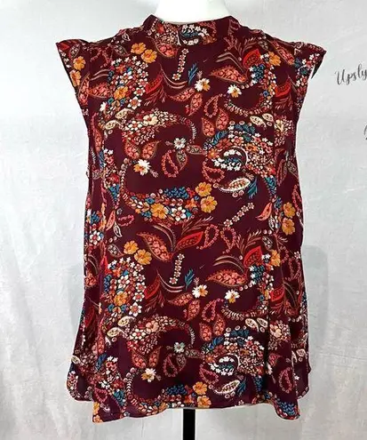 Lily White burgundy high neck paisley print top with keyhole back size medium