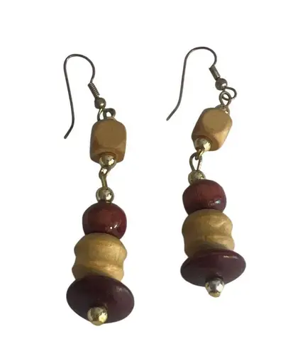 None Vintage Gold Tone Wood Bead Dangle Earrings Hooks Natural Boho Earthy 3"