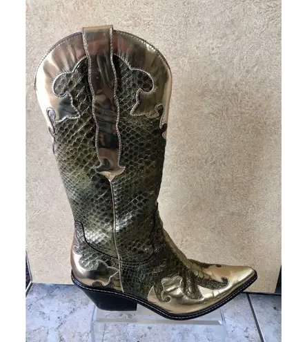Donald Pliner Western Metallic Pitone Snake Leather Boot Shoe New $695 Sz 8.5 Gold