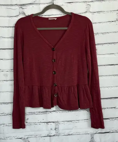 Olivia Rae Button Front Peplum Cardigan Top Women’s Medium Burgundy Red V-Neck - Image 1