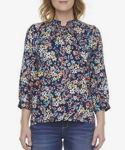 st. john's bay St John’s Bay split crewneck navy ditsy floral cotton blend top size medium NWT