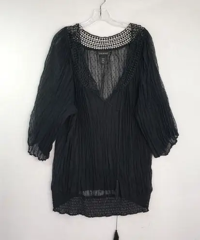 Lane Bryant  Top Women 22/24 Black Swiss Dot Sheer Pom-Pom Lace Long Sleeve Tunic