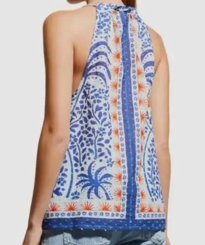 Farm Rio Tank Top Afternoon Breeze Beaded Tassel Tie Cotton Blouse Sz L NWT