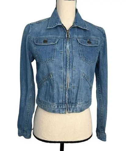 Gap  JRS Small Cropped Jean Jacket Zip-Up Pockets Medium Wash Blue Womens