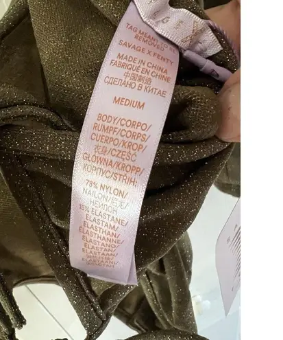 Savage X Fenty Bodysuit Green Shine Strapy Teddy Thong Mock Neck Size M