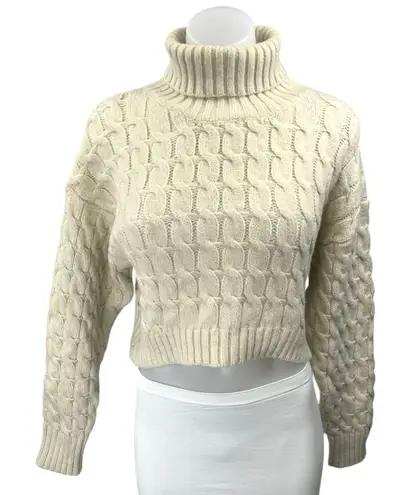 Isalis Women's Cream Cable Knit Foldover Turtleneck Crop Sweater Top Size S