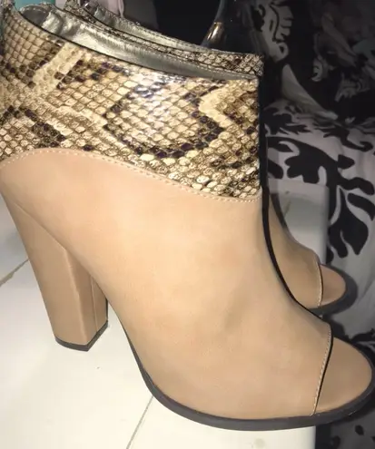 Michael Antonio Tan & Snakeskin Open Toe Booties