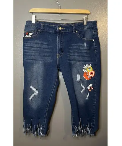 AQ Jeans Floral Embroidered Stretch Fringed Jorts Denim Size 15 Waist 34” Blue