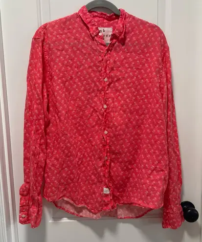 Frank & Eileen size Large Paul Shirt Pink Linen Palm Tree Print Button Down