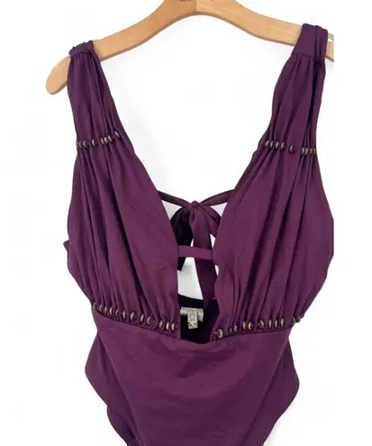 Becca L Reconnect One Piece Swimsuit Burgundy Oxblood Plunging Beaded Charms