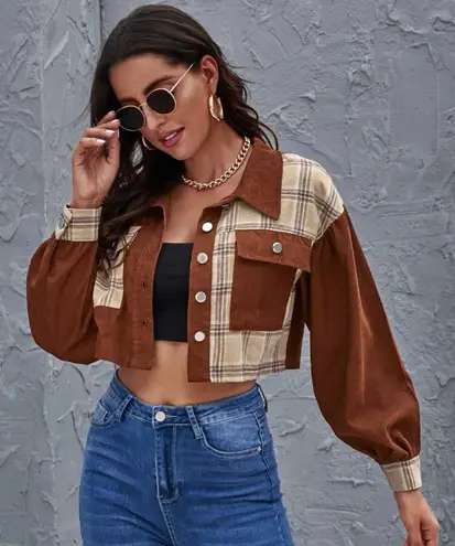 Cropped Flannel Jacket Brown