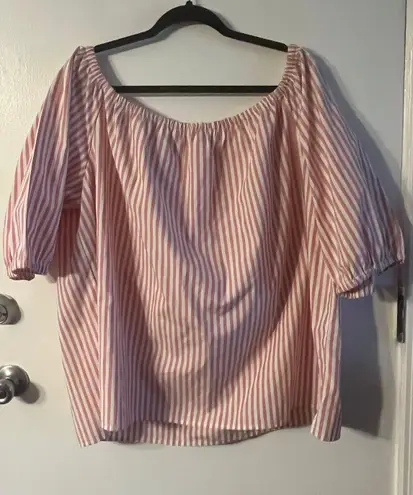 The Loft Plus Size 20 Pink/White Striped Off Shoulder Puff Sleeve Cropped Blouse