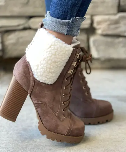 Top Moda Tan Fleece Lug Sole ankle Bootie