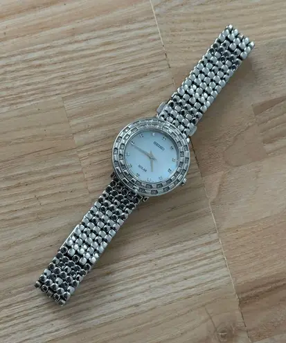 Seiko Tressia Solar Diamond Luxury Ladies Watch Pearl Dial Stainless Bracelet