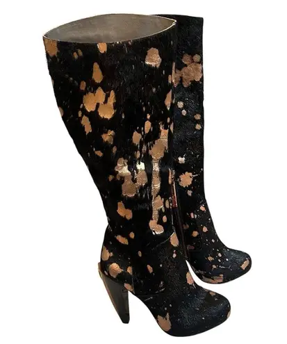 Finsk Leather Cowhair Animal Print Tall Platform Boots, Sz 4.5/5 Black