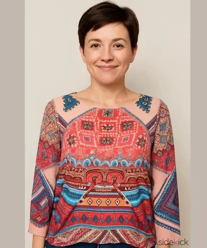 Figueroa & Flower Boho Peasant Top M Red Tribal Print Festival Blouse Western Ch Pink Size M