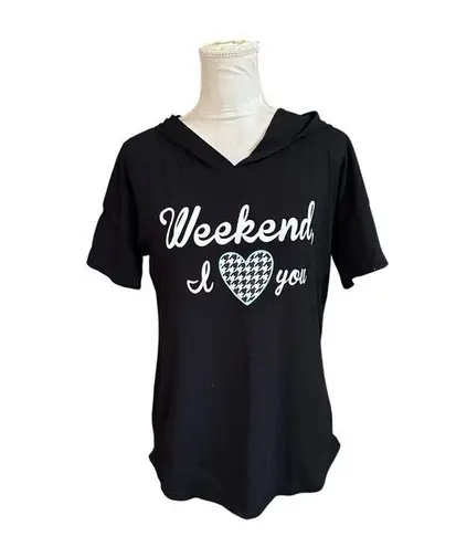 Justice Black Hooded Short Sleeve Graphic T-Shirt "Weekend I Love You" Size 20