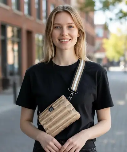 Think Royln Small Tan Nylon Quilted Bum Bag Crossbody Purse Bag