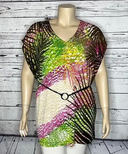 Dana Buchman Size XL Tropical Palm Leaf Printed Tunic Blouse w/ Braided Tie Belt