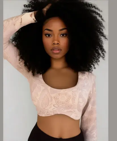 NWT Offline by Aerie Beige Real Cropped Long Sleeve Bra Top Paisley Print, Size Tan Size L