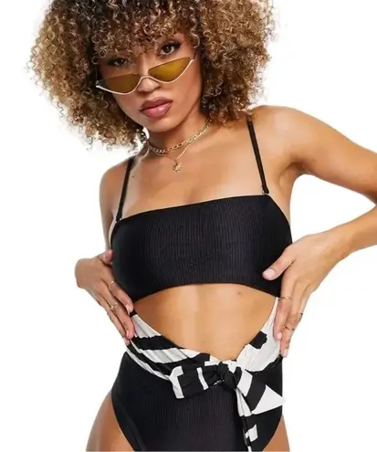 River Island Cut Out Tie Waist Bandeau One Piece Swimsuit Black Size 8 NWT