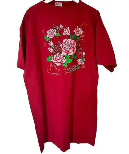 Vintage Florida Y2K Floral Graphic Print Single Stitch Long Tshirt Dress OSFA Red Size undefined