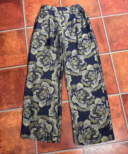 Atelier Camille Paris Navy Gold Stretchy Brocade Pants Size Blue