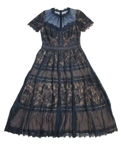 Tadashi Shoji NWT Camilla in Navy Nude Lined Sheer Illusion Lace Midi Dress 12