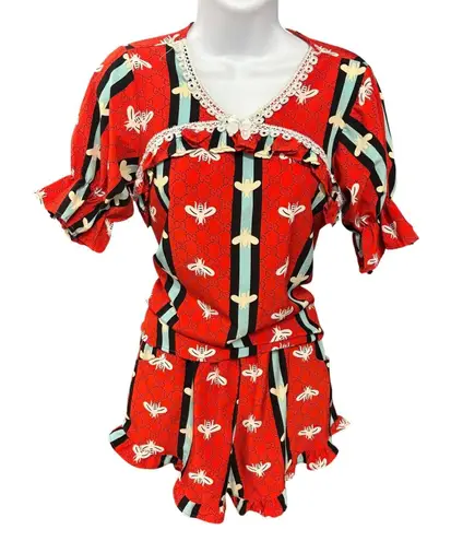 Womens Bee Print Pajama Set Short Sleeve Top & Ruffle Shorts Loungewear** Red