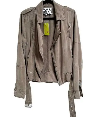 Pam & Gela Asymmetrical Zip Army Moto Utility Jacket Olive Green Women's Small