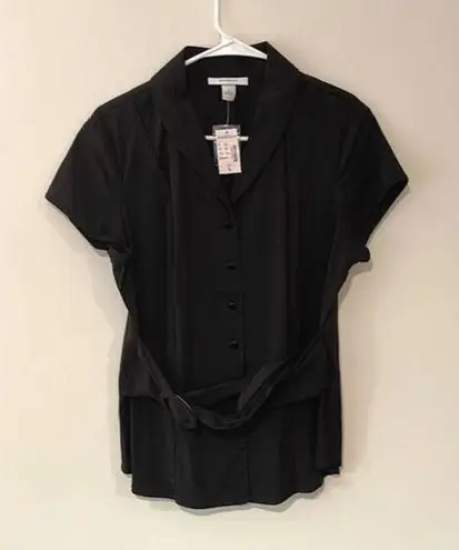 Dress Barn  Women's Belted Top Blouse Button Down Collared Work Black Size Large