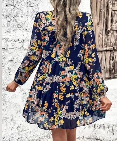 NEW Boho Navy and Floral Shirred Bodice Long Sleeve Ruffle Skirt Mini Dress Blue Size M