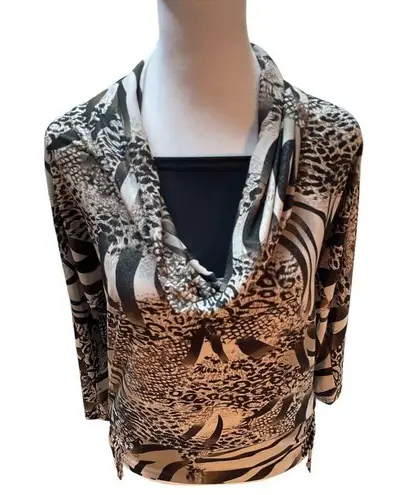 Isabella Rodriguez Tan Brown & Black Animal Print 3/4 Sleeve Ruched Sides Blouse