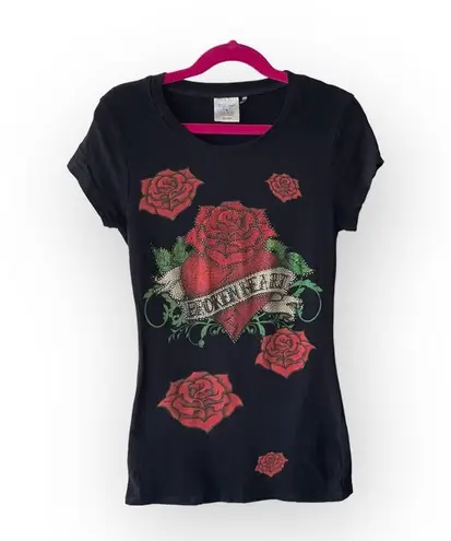 Y2K: Broken Heart ✿ Crystal Rose Tattoo Tee T Shirt ✿ Black Small ✿ Stretch Fit